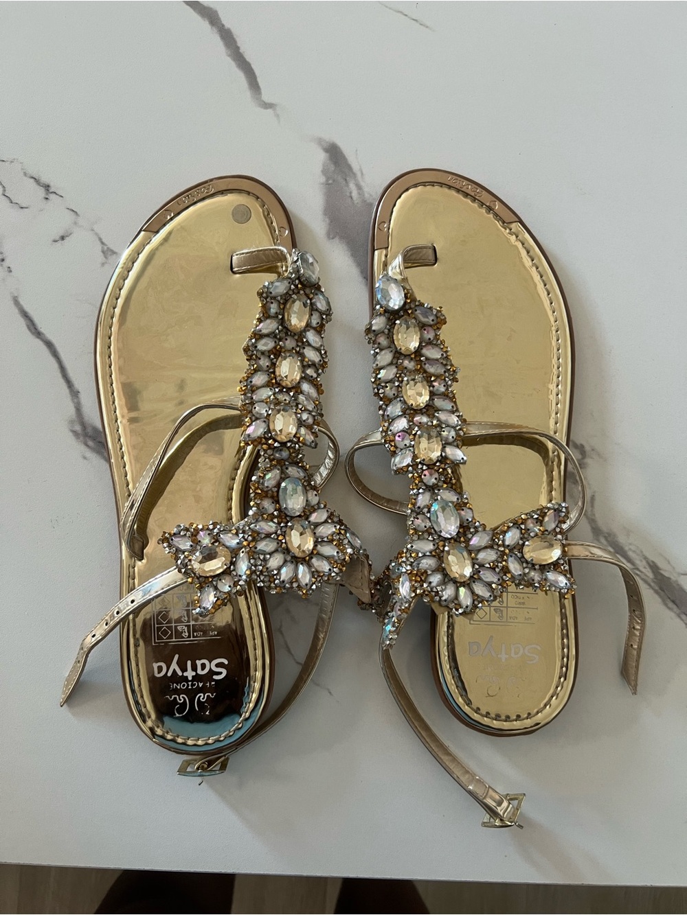 Gold Jeweled T-Strap Flat Sandals - Metallic Gold